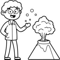 cartoon, a student presents a homemade volcano experiment that erupts with foam, vector