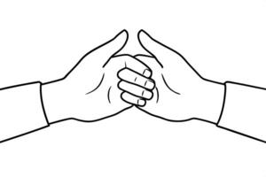 a black and white line drawing of two hands holding each other, shaking hands, hands pressed vector