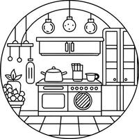 this is for a colouring book page, cozy kitchen, the image should clear outlines black and white vector