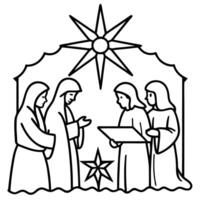 a beautifully detailed nativity set, with hand-painted figurines and a glowing star above, vector