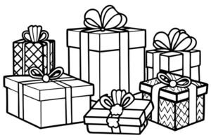 a set of festive gift boxes, ribbons, bows, and tags in various shapes, sizes, and colors, vector
