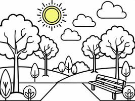 a park with a lot of trees and a path next to it there are benches, sunny day, illustration vector