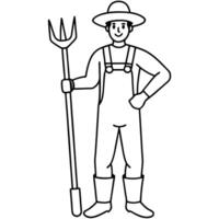 a man in a round hat with a pitchfork, wearing overalls and boots, full-length, illustration vector