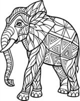 an intricate line art illustration of a elphant walking filled with detailed patterns and vector