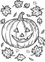 a carved pumpkin surrounded by a flurry of autumn leaves gently falling to the ground, creating a vector