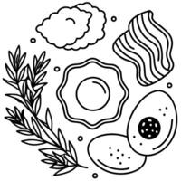 breakfast arrangement with bacon, eggs, spices, and greens on white background, illustration vector