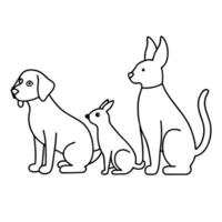 continuous line creating a doodle of pets like dog cat rabbit bird side by side, vector