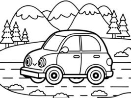 a cute cartoon car with eyes is driving along the road against the background of the loch ness, vector