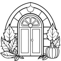 a coloring page only in black and white of a door autumn vibes the style should be bold and vector