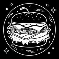 beautiful dark background with tasty beef burger with tomato, cheese, cucumber and bacon cut with a vector