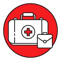 a first aid kit icon in a red circle with a long shadow on white background, first aid kit, , vector