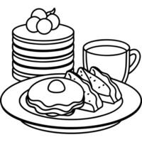 a delicious breakfast spread featuring pancakes, sunny-side-up eggs, crispy bacon, and a side of vector