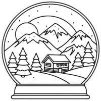 a snow globe featuring a snowy mountain and a ski lodge, illustration line art vector