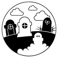 a haunted graveyard scene on halloween night, with ghostly figures rising from tombstones under a vector