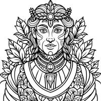 generate a detailed line art illustration of a character with floral and leaf patterns on their vector