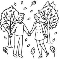a couple holding hands under falling autumn leaves in the background, trees with branches swaying vector