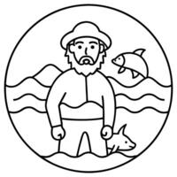 kind fisherman with bears that connects with the sea, circle icon, illustration line art vector