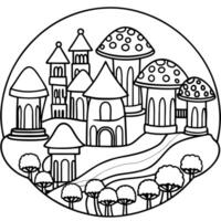 a mushroom village with a school and a library, illustration line art vector