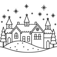 design a christmas village with snowy rooftops and twinkling lights, illustration line art vector