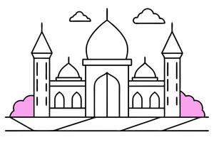 stunning cinematic view of a mosque fully made with pink crystal glass by a calm and clear water vector