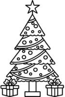 black and white style christmas tree with presents under it, clear background and all black vector