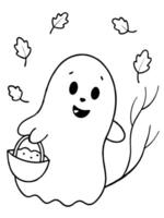 a cute, smiling ghost holding a basket of candy, floating through a forest with autumn leaves vector