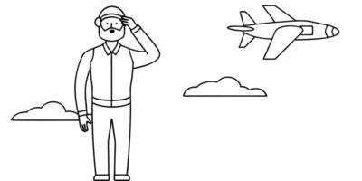 a man in scientist suit is thinking and looking at launching glider plane, illustration line vector