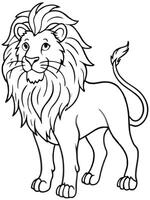 a simple line drawing of a lion with a flowing mane, standing majestically, designed for kids to vector