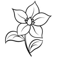 a simple black and white line drawing of a stylized jasmine flower with a stem and leaves, vector