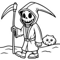 a cute grim reaper figure, holding a scythe the character has a skull-like face and is draped in a vector