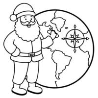 santa claus standing in front of a map of the world, using a compass to plot his course, vector