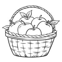 autumn basket with juicy and ripe apples, illustration line art vector