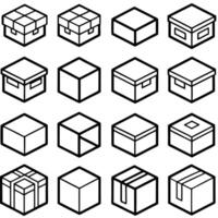 a grid of 16 icons representing various types of boxes and packaging the designs include open and vector