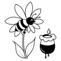 a bee is extracting honey from a stock flower, illustration line art vector