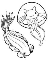 axolotl with jellyfish with ocean elements, illustration line art vector