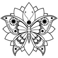 a coloring page of an butterfly and flower with mandala patterns on its head and body, with no vector