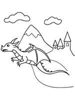 a playful dragon flying in the sky, breathing fire, with mountains and a castle in the background vector