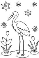 a shoebill stork standing in a swampy area with lily pads, frogs, and dragonflies flying around, vector