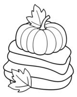 a stack of pumpkins with a cozy blanket and fall leaves, coloring pages, illustration line vector