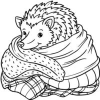 a hedgehog snuggled in a pile of warm blankets and pillows, illustration line art vector
