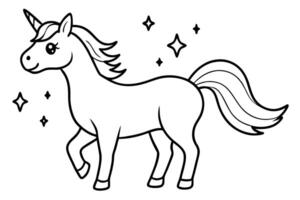 a cute, cartoon-style unicorn with a flowing mane and tail it has a single horn and sparkling stars vector