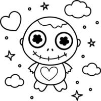 kawaii rotting zombie with extra big shiny eyes and hearts, stars and clouds around, vector
