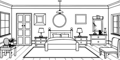 a big bed room with different furniture, illustration line art vector