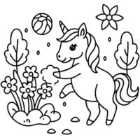 a baby unicorn playing with a ball near a sparkling waterfall the unicorn is surrounded by lush vector