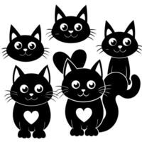 six cartoonish black cats with big, round eyes and scruffy fur, each cat displaying different vector