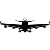 a silhouette of a jumbo jet airplane taking off with landing gear visible, displayed on a white vector