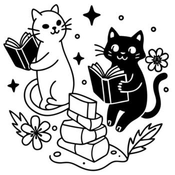 un colección de animado gatos y fantasmas atractivo con libros el gatos son en varios posa, tal como vector
