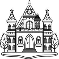 a fairytale castle with a cozy library, illustration line art vector