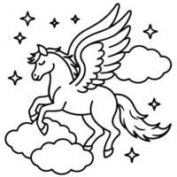a mythical winged horse soaring through the clouds, with its wings spread wide, surrounded by vector
