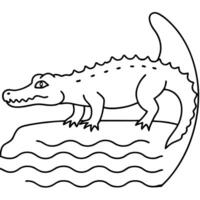 a crocodile basking on the edge of a river, illustration line art vector